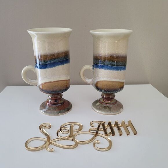 Vintage Otagiri Irish Coffee Mugs Pedestal Blue Beige Set of 2 1049 B - Picture 3 of 12